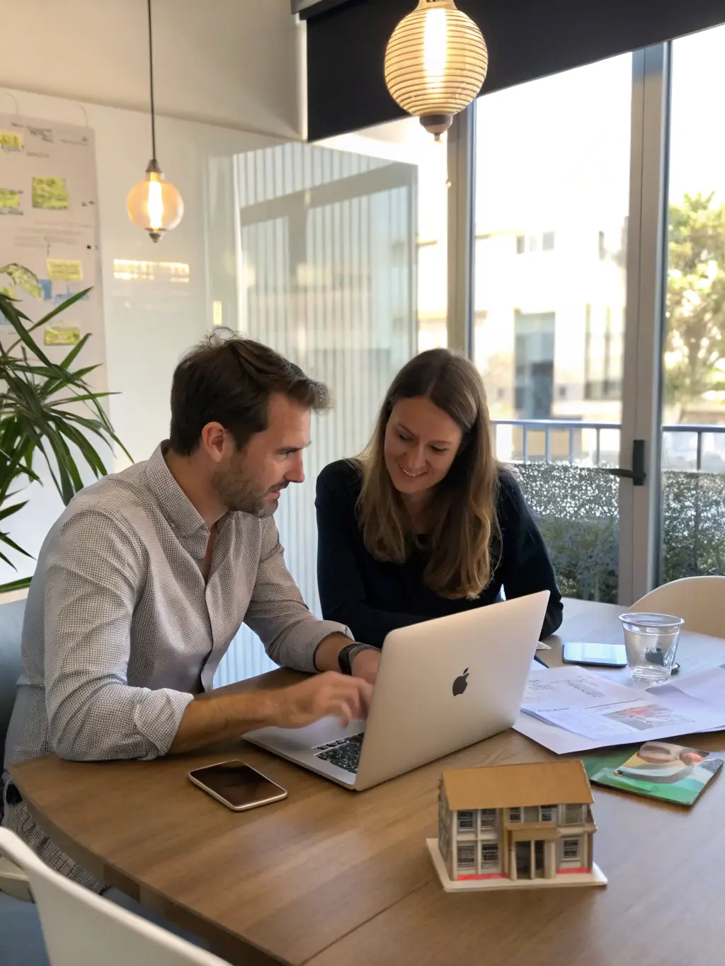 A team of developers collaborating with a small business owner over a laptop, discussing website features and customization options.